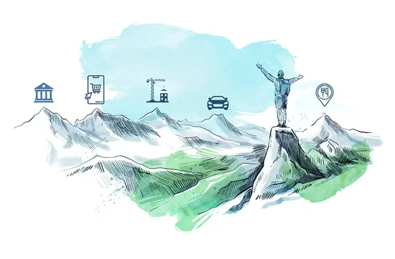 Translata akvarelová ilustrácia muža stojaceho na vrchole hory