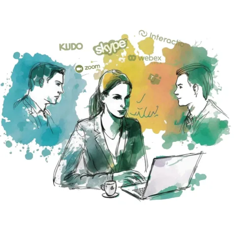 Translata akvarelová ilustrácia dvoch biznismenov a tlmočníčky za počítačom